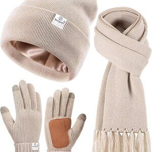 Trendy Women's Satin Lined Winter Beanie, Scarf & Touchscreen Gloves Set - Beige